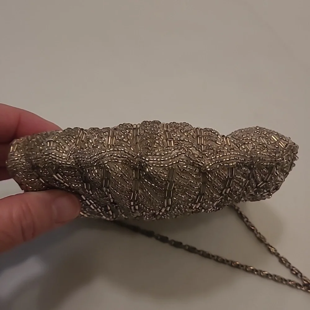 Vintage Shell Shaped Beaded Bag with Satin Lining Long Silver Tone Chain - Picture 11 of 13